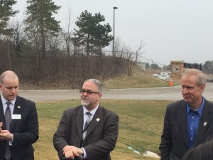 the Governor, me and Principal Filippi admiring the photovoltaic cells as well as the wind turbines, rain barrels and bird houses at Shepard